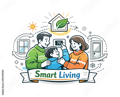 Smart living eco friendly home concept illustration featuring solar panels, family and sustainable lifestyle elements