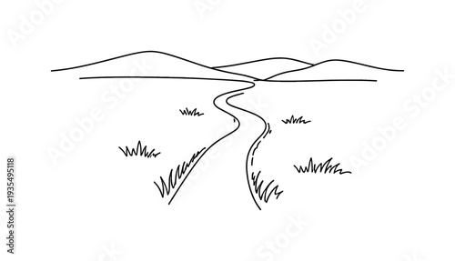 Simple countryside landscape with winding road and hills in minimalist line style.
