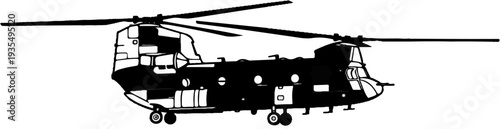 Black and white illustration of a large dual-rotor helicopter in profile