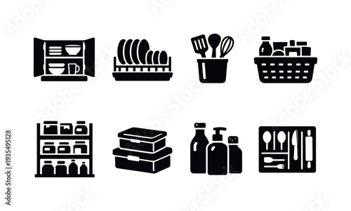 Kitchen Storage. Filled icon set of Kitchen Storage: open cabinet, dish rack, utensil holder, storage basket,