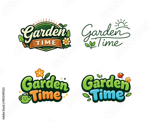 Garden Time. Set lettering. 4 harmonious lettering variations of the same emblematic concept, each with