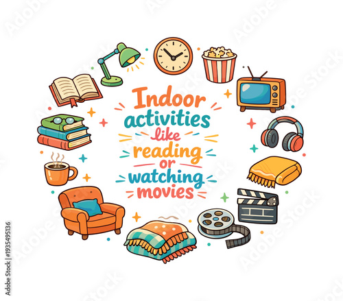 Indoor activities illustration featuring reading, watching movies and relaxing hobbies at home cozy lifestyle concept