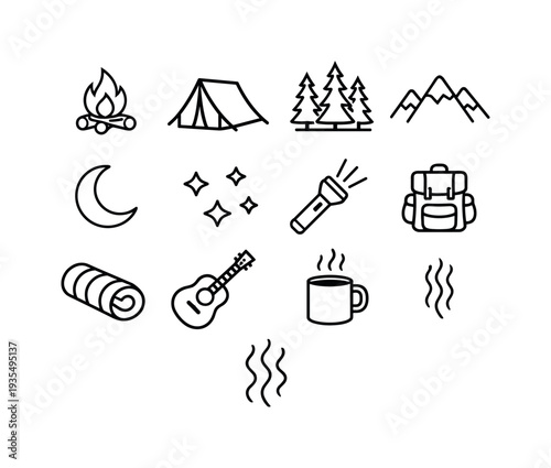 Mixed camping and leisure outline icon collection with tent, guitar, lantern and travel accessories