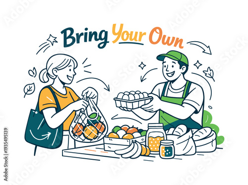 Plastic-Free Shopping. A person at a market counter placing fruits into a reusable mesh bag, smiling vendor