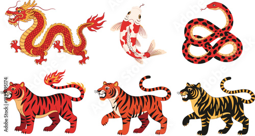 Chinese zodiac animals dragon koi fish snake tigers