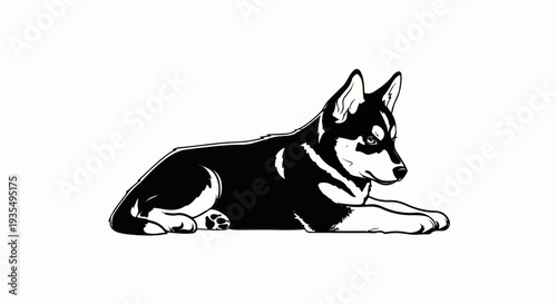 Black and white illustration of a Siberian Husky dog lying down