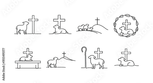 "Lamb and Cross Set". Minimalistic set one-line drawing standing lamb near cross, cross with lamb silhouette