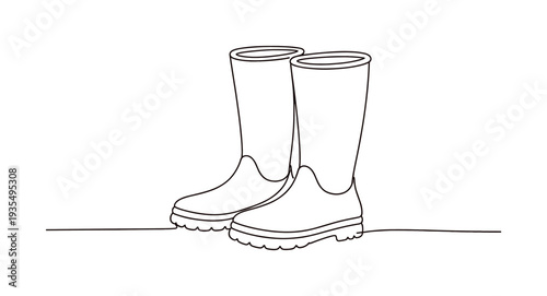 "Garden Boots". Minimalistic one-line drawing pair of rubber garden boots standing side by side with simple