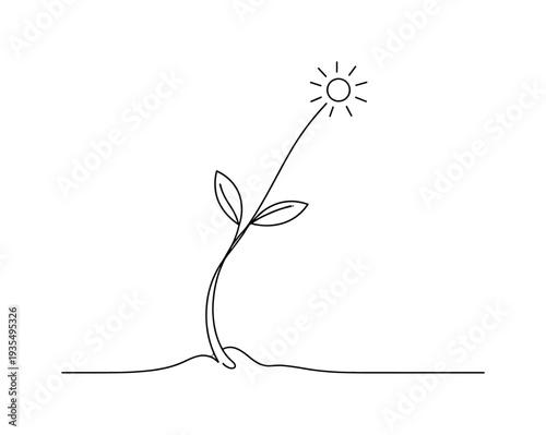 Simple outline drawing of young plant sprout, growth and eco concept illustration.