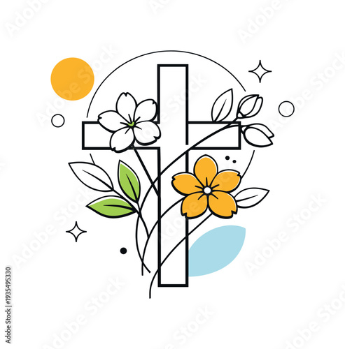Faith and renewal symbol. A minimal geometric cross intertwined with stylized blossoms and leaves, airy white