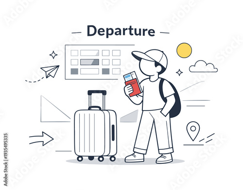 Airport departure scene. A minimal character holding a passport and boarding pass, suitcase standing beside