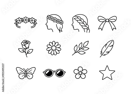 festival flower crown outline set. Line outline icon set of festival flower crown outline set: floral headband