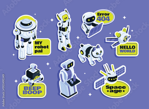 Cute Isometric Robot Stickers Collection