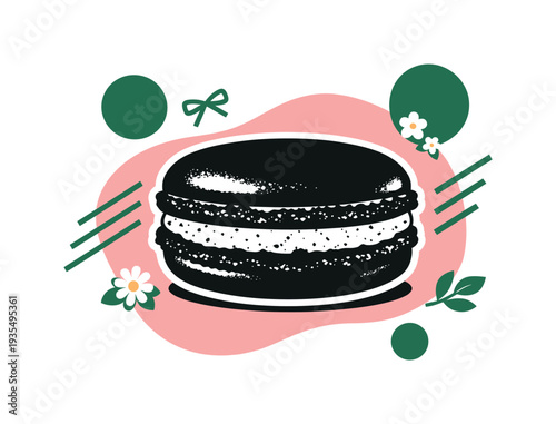 Stylized macaron dessert illustration with floral decorative elements, trendy flat vector design for bakery branding.
