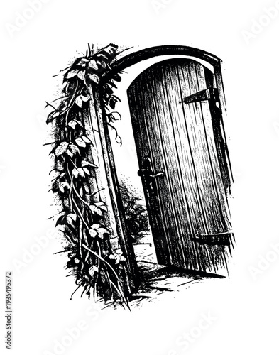 A slightly ajar garden door viewed at a subtle diagonal angle, edges partially cropped by the frame, thin