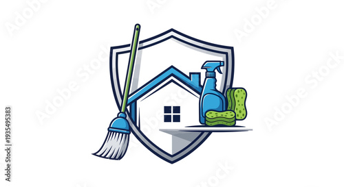 Home Cleaning Service Logo with Shield and Cleaning Supplies.