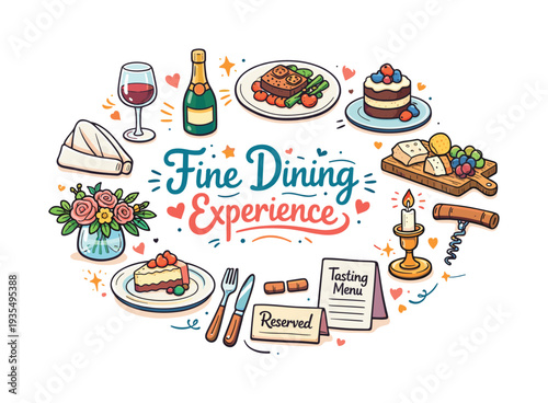 Fine Dining Experience. Hand drawn illustration of Fine Dining Experience. elegant wine glass, champagne