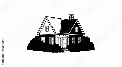 Black and white sketch of a cozy house nestled amongst dense bushes