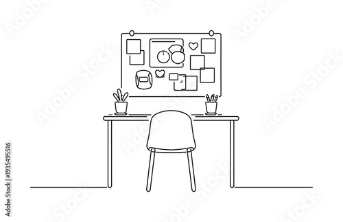 "Goal Setting Workspace". Minimalistic one-line drawing desk with vision board above and minimal chair outline