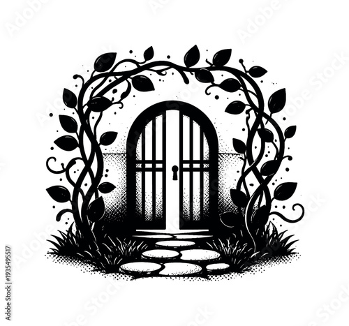 Symbolic composition of a simplified garden door silhouette framed by minimal vine shapes, form defined