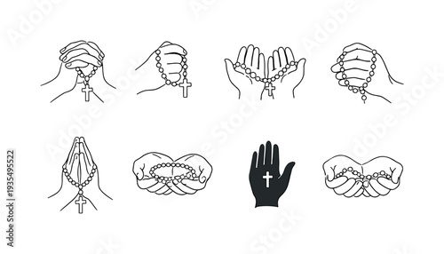 Minimalist Rosary Hands. "Hands Holding Rosary". Minimalistic set one-line drawing hands clasped with rosary