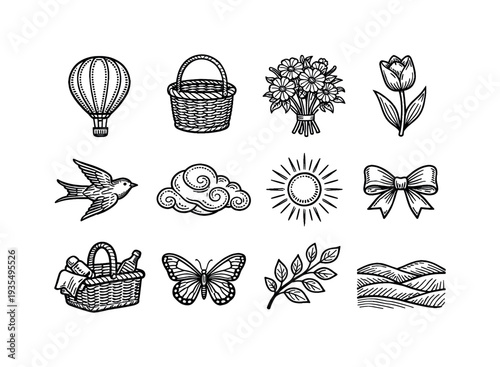 Outdoor and travel outline icon collection featuring hot air balloon and adventure elements