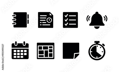 Business and office management silhouette icon collection with calendar, checklist, bell and scheduling elements