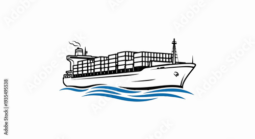 A stylized drawing of a cargo ship carrying containers sailing on blue waves