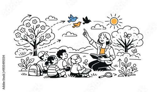 Learning in Blooming Park. A lively outdoor class sitting on the grass while a teacher gestures toward birds