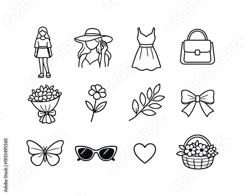 spring fashion girl contour drawing. Line outline icon set of spring fashion girl contour drawing: standing