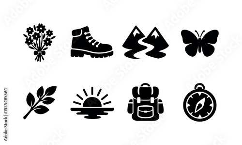 Outdoor adventure silhouette icon collection featuring boots, mountains and travel themed symbols
