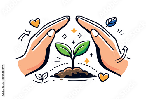 Protecting hands around small plant illustration representing environmental responsibility and sustainable development concept