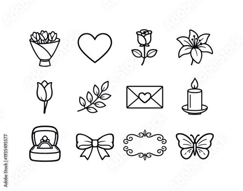 Love and relationship outline icon set featuring heart and romantic decorative symbols