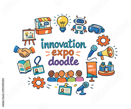 innovation expo doodle. Hand drawn illustration of innovation expo doodle. exhibition stand, light bulb, robot