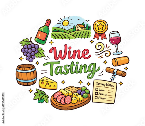 Wine tasting illustration with bottle, glass and gourmet snack themed decorative elements