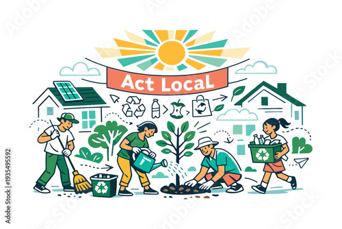 Neighborhood Eco Action. A small city street scene where neighbors sweep sidewalks and water newly planted