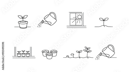 "Spring Seedling Care". Minimalistic set one-line drawing small sprouts in pots, tilted watering can, sunlight