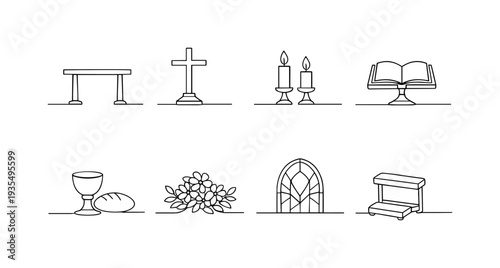 "Easter Church Altar". Minimalistic set one-line drawing church altar table, altar cross centerpiece, two lit