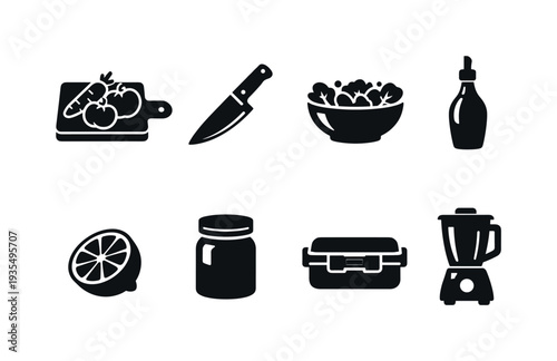 Spring Meal Prep. Filled icon set of Spring Meal Prep: cutting board with vegetables, kitchen knife, salad