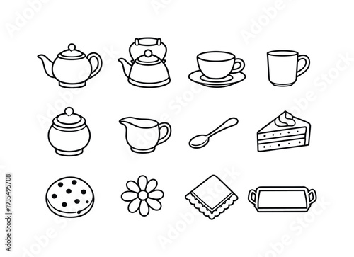 Retro Teaware Icons. retro kitchen teaware contour drawing. Line outline icon set of retro kitchen teaware