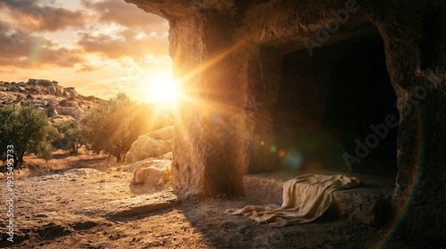 Wallpaper Mural Empty stone tomb with bright light shining from entrance at sunrise Torontodigital.ca