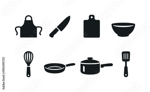 Cooking Essentials. Filled icon set of Cooking Essentials: apron, chef knife, cutting board, mixing bowl,