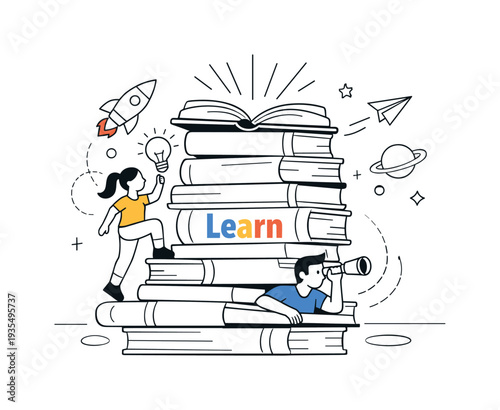 Stack of books concept. Several clean geometric books stacked unevenly, one slightly open at the top, subtle