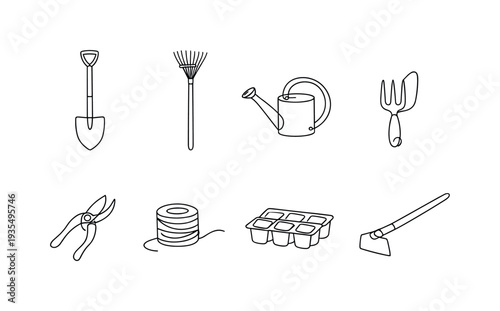 Farm and garden equipment outline icon set including shovel, watering tools and rural lifestyle elements