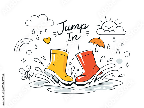 Rainy day adventure. A pair of bright rain boots stepping into a small puddle, water splashing in soft curved