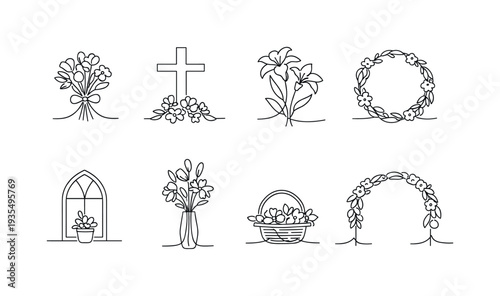 Garden and spring outline icon collection including wreath, plant and decorative accents