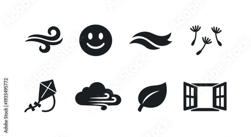 Lighthearted breeze. Filled icon set of Lighthearted breeze: wind swirl icon, smiling emoji, flowing ribbon,
