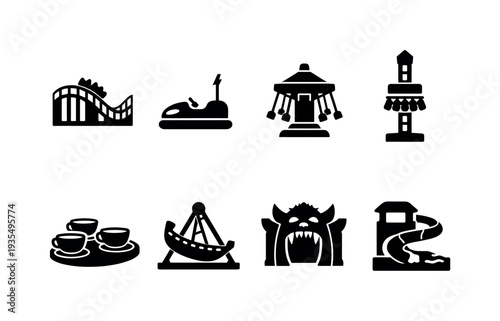 Amusement and leisure silhouette icon set including ferris wheel, castle, pavilion and entertainment themed elements
