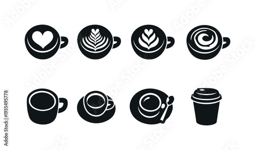 Coffee cup silhouette icon collection featuring espresso, latte and takeaway beverage themed elements