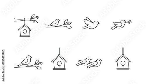 "Birdhouse on Tree Branch". Minimalistic set one-line drawing hanging birdhouse with round entrance, tree